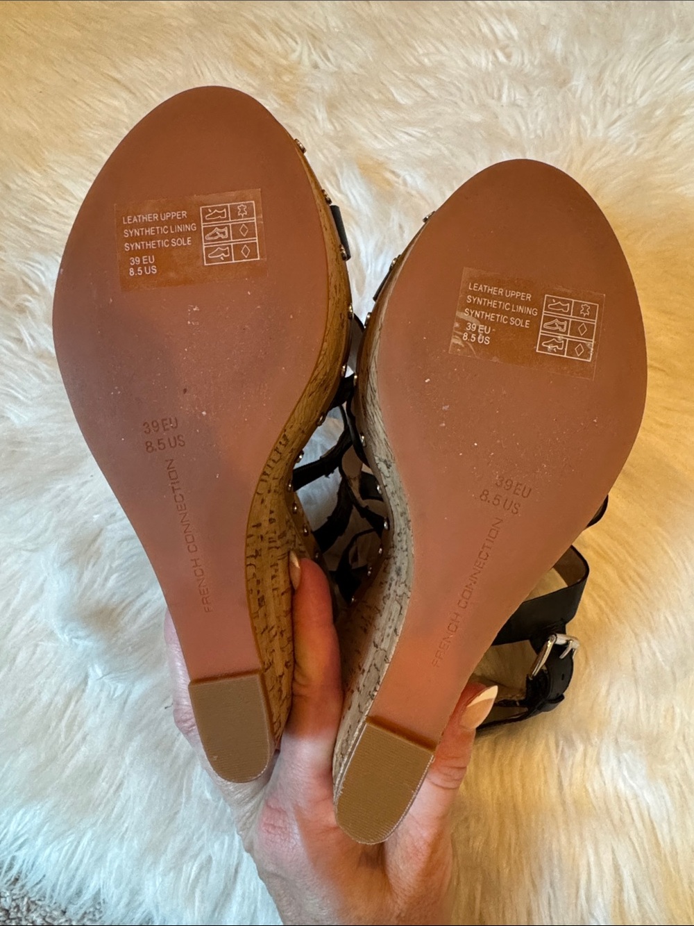 VGUC Size 8.5 French Connection Black Multi-Strap Dion Cork Wedge Sandals! - Picture 6 of 15